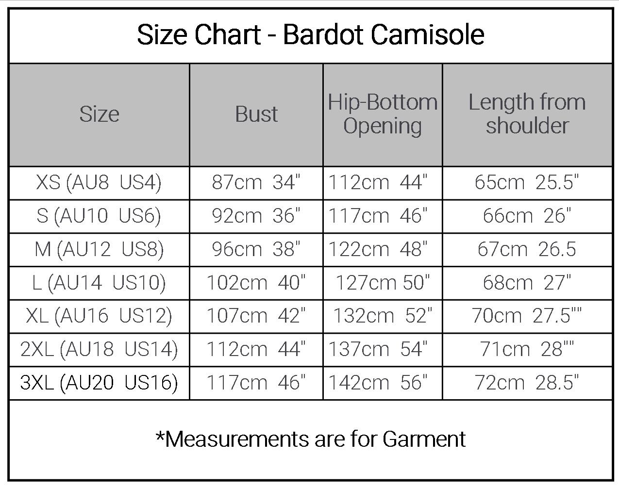 Bardot Cotton Ladies Camisole Size Chart